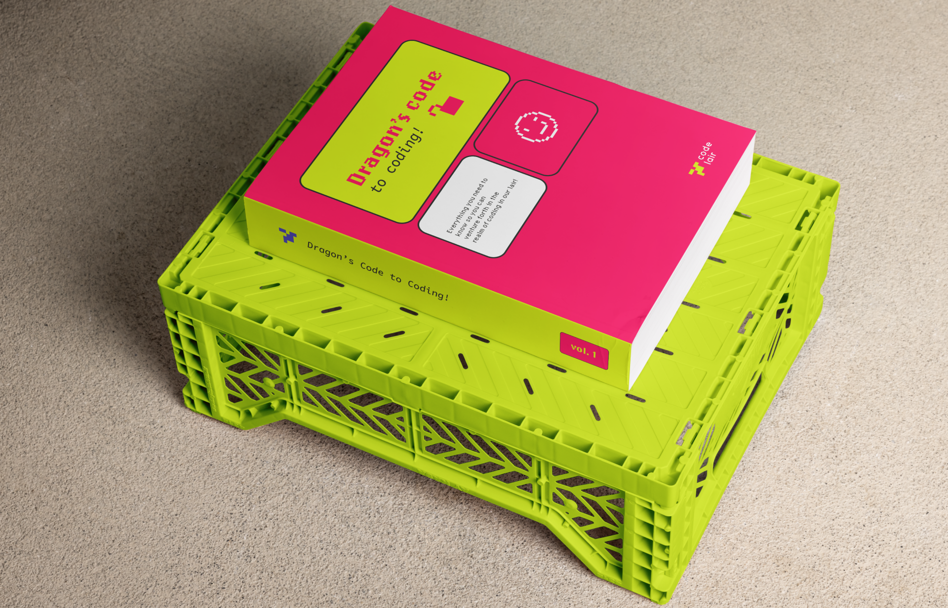Livro rosa Codelair sobre uma caixa verde-limão