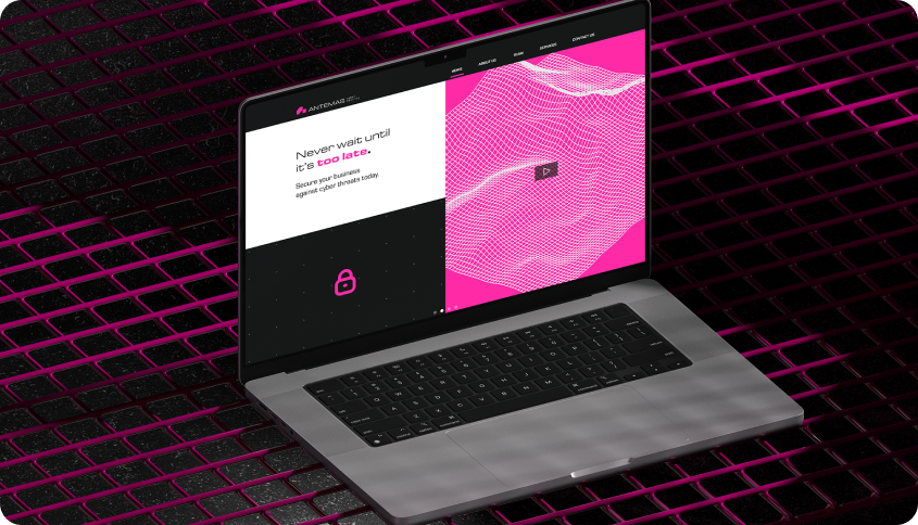 Notebook com a identidade Antemas em magenta e preto